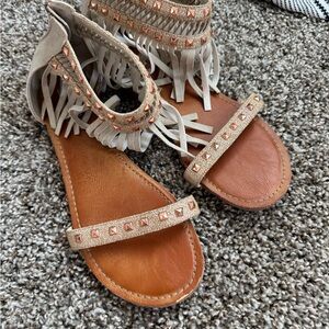 Tan and Cream Sandals with Stud Accents and Fringe